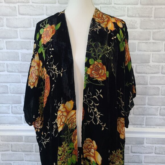 Daniel Rainn Black Velvet Burnout Boho Open Front Cardigan Kimono Fringe Large - Picture 2 of 8